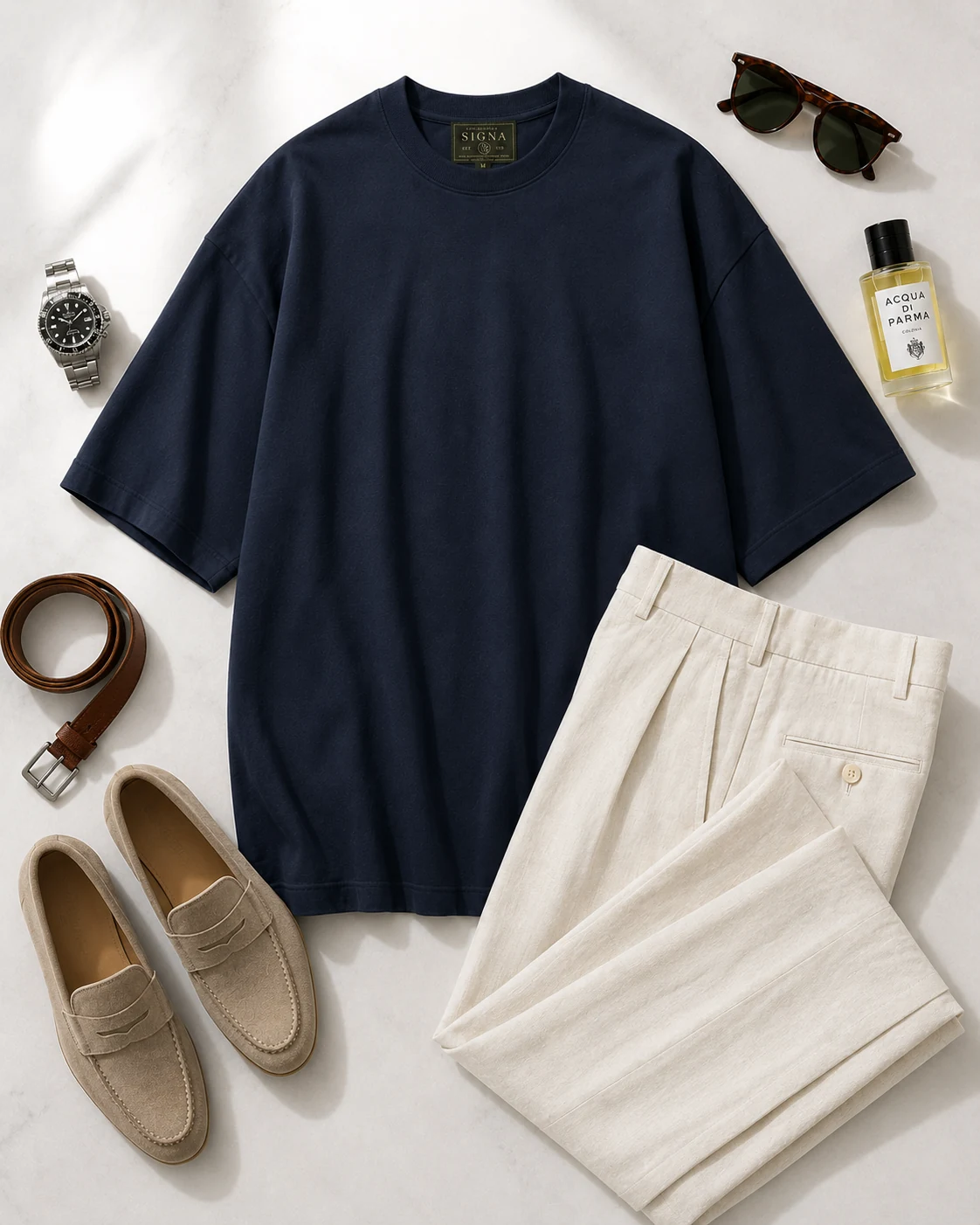 Look Mediterranean Day com Camiseta 01 e calça clara